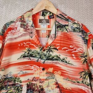 Kalaheo Hawaiian Camp Shirt Orange Island Waterfall Palms Aloha Mens Large